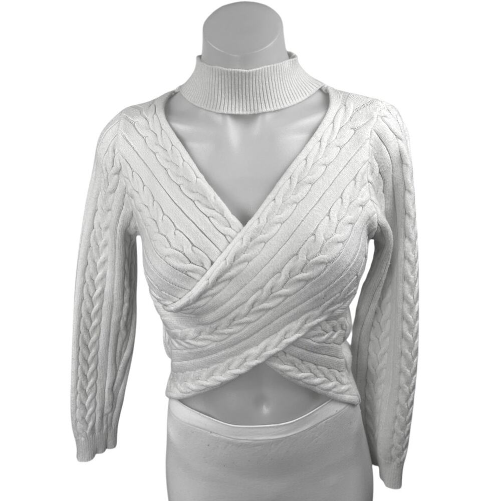 Superdown White Cable Knit Long Sleeve Criss Cross Cropped Sweater Top Size M